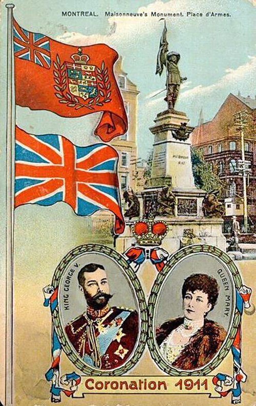 A Canadian postcard marking the coronation of King George V and Queen Mary in 1911, depicting a Canadian Red Ensign with a crowned composite shield of