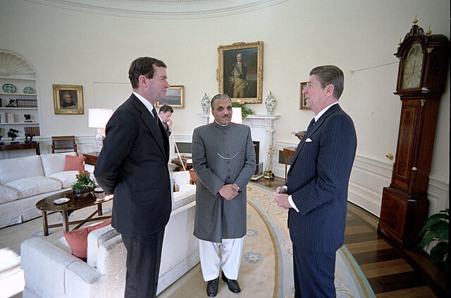 President Zia meeting with conservative US president, Ronald Reagan, and his NSA William Clark in 1982.