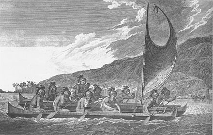 Hawaiian navigators sailing multi-hulled canoe, c. 1781