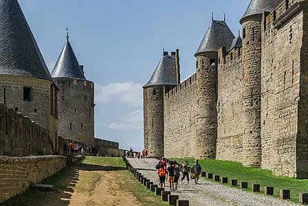 Ramparts of the historic fortified city of Carcassone, Aude, France