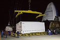 The Rassvet module in its container at KSC being unloaded from the Antonov 124 inbound from Khrunichev
