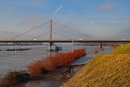 Flooded Rhine bank in Leverkusen, Germany