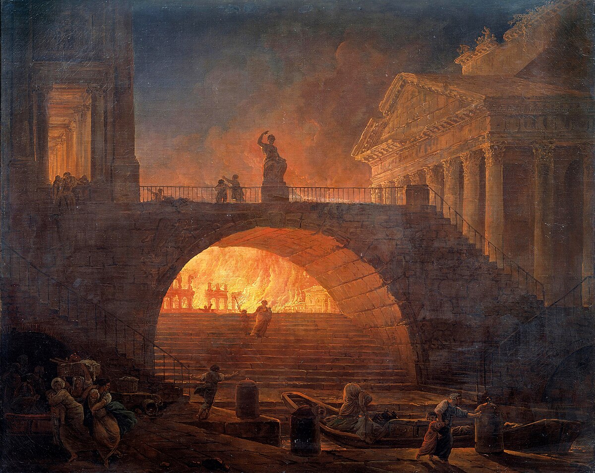 Fogo em Roma por Hubert Robert . Uma pintura do fogo queimando Roma.