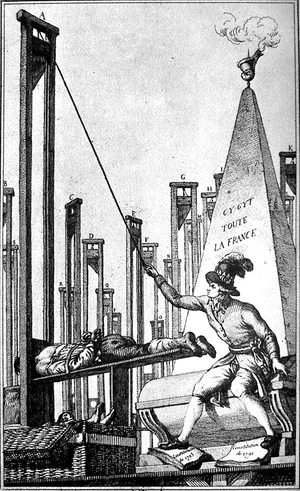 Cartoon showing Robespierre guillotining the executioner after having guillotined everyone else in France.