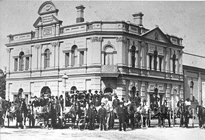 The first Rockdale Town Hall (1888) on the corner of Rocky Point Road and Bryant Street, Rockdale, c. 1890, was demolished in 1940 to make way for the new Town Hall.