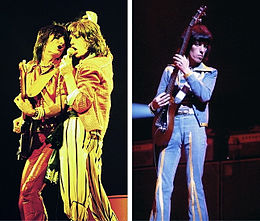 v. l. n. r.: Ron Wood und Mick Jagger sowie Bill Wyman, Stadium in Chicago, 1975