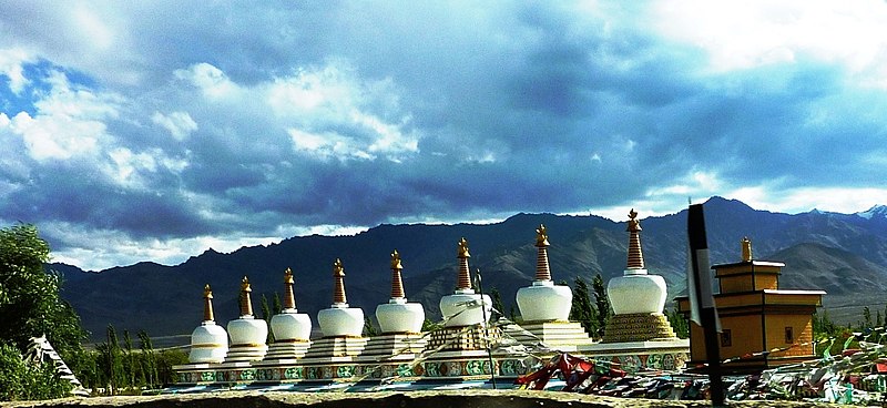 File:Row of stupas on roadside east of Leh, Ladakh.jpg