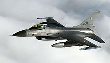 A Royal Netherlands Air Force F-16 "J-135". Note the depiction of the Frisian flag and the 322 Squadron mascot Polley Grey on the tail. Royal Netherlands Air Force F-16 Fighting Falcon.JPG