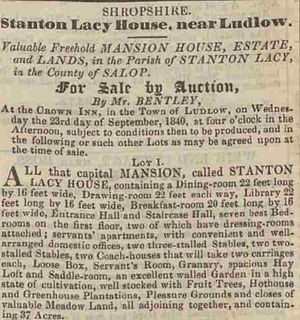 Sale advertisement for Fishmore Hall in 1840 (Fishmore Hall was called Stanton Lacy House at that time. Sale ad for Fishmore Hall 1840.jpg