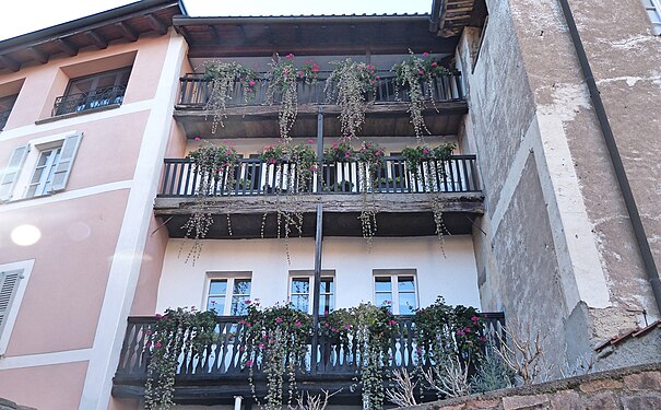 Balconies in the village of Carona, on Monte San Salvatore, Ticino, Switzerland