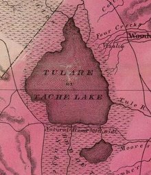 A vintage (1853) map of the Tulare Lake region depicting no islands but a 'natural road.'