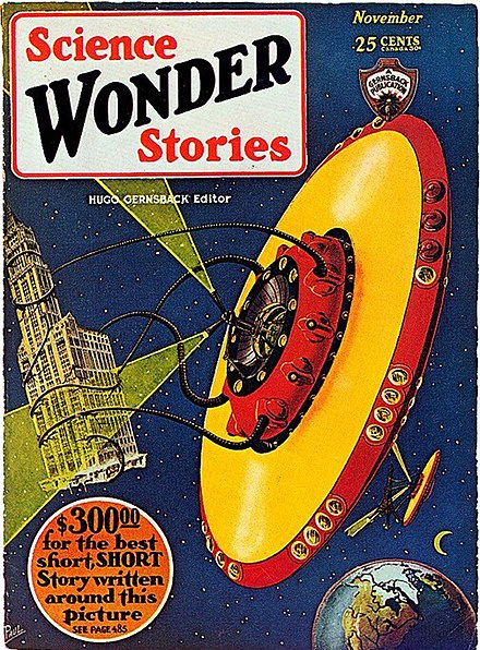 One of the first depictions of a "flying saucer", by illustrator Frank R. Paul on the October 1929 issue of Hugo Gernsback's pulp science fiction magazine Science Wonder Stories. Although the term wasn't used before 1947, fantasy artwork in pulp magazines prepared the American mind to be receptive to the idea of "flying saucers".