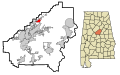 This map shows the incorporated and unincorporated areas in Shelby County, Alabama, highlighting Meadowbrook in red. It was created with a custom script with US Census Bureau data and modified with Inkscape.