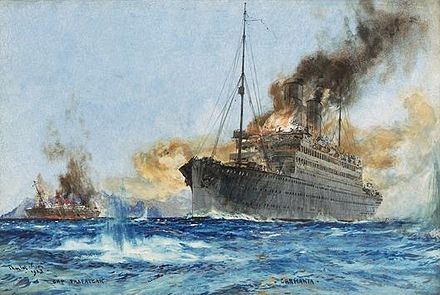 RMS Carmania sinking SMS Cap Trafalgar near the Brazilian islands of Trindade, 14 September 1914