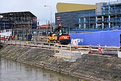 Construction work on the Spurn Lightship's new berth in Hull Marina in March 2023.