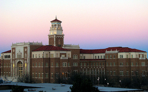 Texas Tech's Humanities Building, with architecture influenced by English manors, faces a building of similar style for the College of Education.