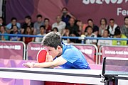 Deutsch: Tischtennis bei den Olympischen Jugendspielen 2018; Tag 9, 15. Oktober 2018; Mixed, Finale, Mixed-Doppel – Tomokazu Harimoto (JPN) Vs Wang Chuqin (CHN) 3:1 English: Table tennis at the 2018 Summer Youth Olympics at 15 October 2018 – Mixed Final, Mixed-Double – Tomokazu Harimoto (JPN) Vs Wang Chuqin (CHN) 3:1