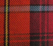 Close-up view of scarlet red, black, yellow, azure bleu, and crimson red tartan cloth