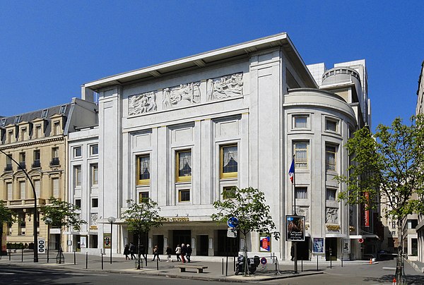 View of Théâtre des Champs-Élysées from avenue Montaigne, with visible bas-reliefs by Antoine Bourdelle