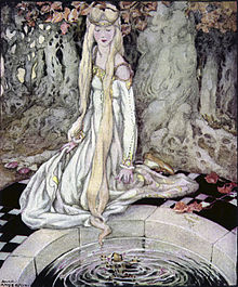 Painting of "The Frog Prince" by Anne Anderson, showing the princess sitting next to an ornamental pond, in which swims a frog.