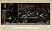 Stanislavski as Satin (seated, centre) in the Moscow Art Theatre production of Maxim Gorky's The Lower Depths. The Lower Depths by Gorky.jpg