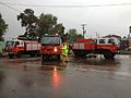 Three NSW RFS tankers help to pump as much water from the closed storm water system into the Murrumbidgee River.