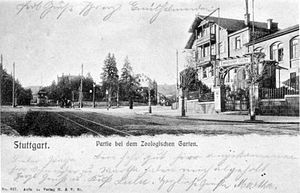 Restaurant Hirschgarten und Eingang zum Tiergarten am Herdweg, vorne die „Tiergartenlinie“ der Straßenbahn, 1903