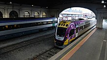 A V/Line train arriving at Ballarat station Train at ballarat station.jpg