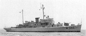 USCGC McCulloch (WAVP-386) in the Atlantic sometime between May 1946 and the Coast Guard's 1967 adoption of the "racing stripe" markings on its ships. USCGC McCulloch (WAVP-386) in the Atlantic Ocean, circa in the 1950s.jpg