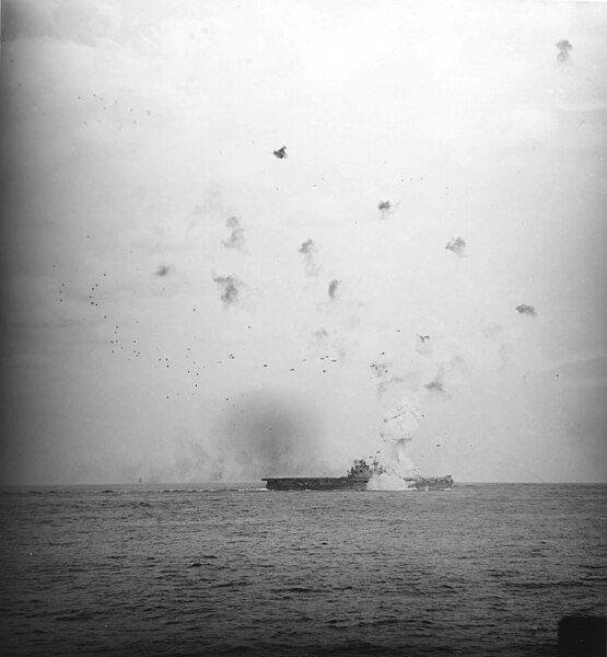 US Navy aircraft carrier Enterprise struck by kamikaze aircraft