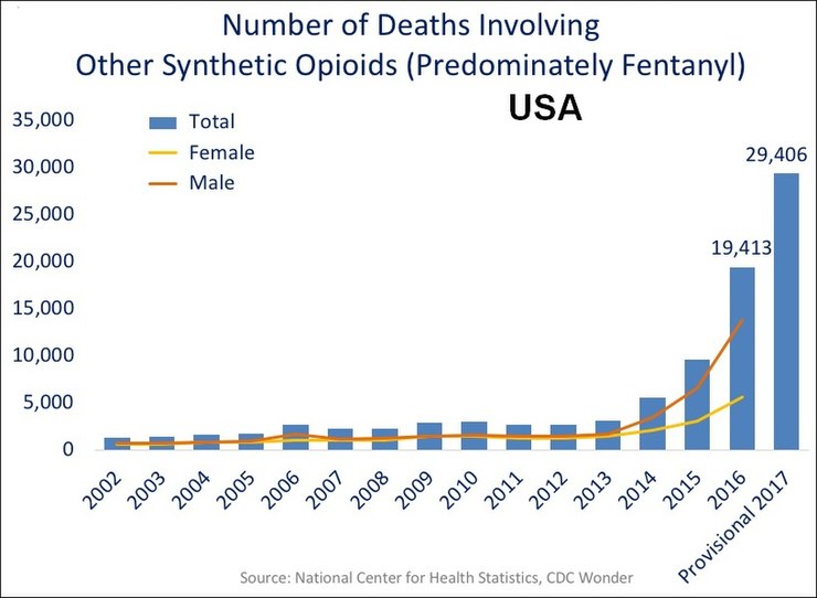 US yearly deaths involving other synthetic opioids, predominantly fentanyl.[14]