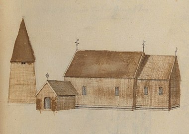 Den tidigare kyrkan på teckning omkring 1670. [1]