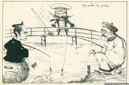 Caricature about the dispute between China, Japan and Russia over Korea, published in the first edition of Tôbaé, 1887