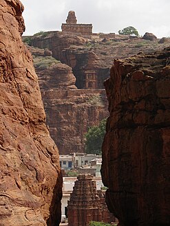 View of Yellamma (bot) and Malegitti Shivalaya (top) temples from Badami caves in Badami.JPG