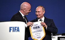 FIFA President Gianni Infantino with the president of Russia, Vladimir Putin, at the conference Vladimir Putin (2018-06-13) 06.jpg