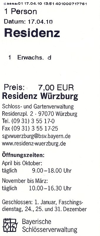 German admission ticket for Würzburg Residence (2010)