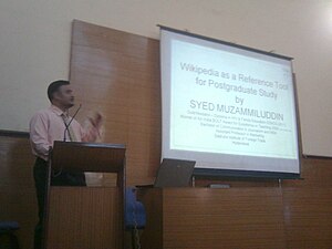 Syed Muzammiluddin delivering the Presentation 'Wikipedia as a Reference Tool for Postgraduate Study' during the First Wiki Conference India at the University of Mumbai.