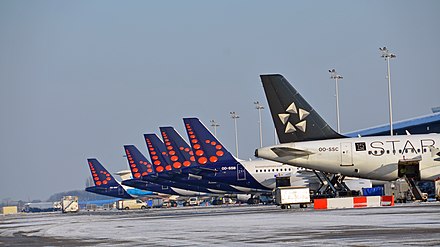 Brussels Airlines aircraft lined up at their hub at Brussels Airport.