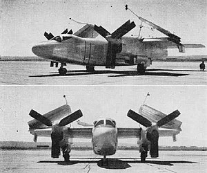 Black and white two-view image of propeller-driven aircraft with wings folded.