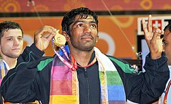 XIX Commonwealth Games-2010 Delhi Yogeshwar Dutt of India won the gold medal in (Men’s) Wrestling 60Kg Freestyle, at Indira Gandhi Stadium, in New Delhi on October 09, 2010.jpg