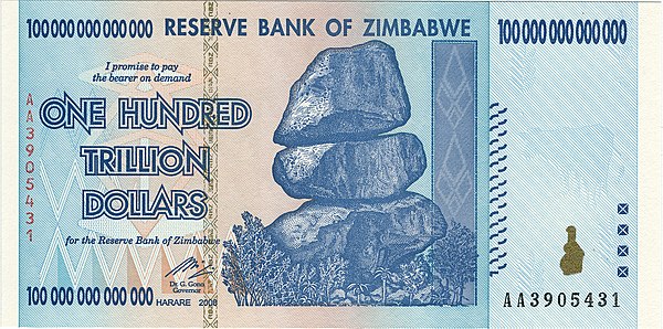 A depiction of the Balancing Rocks, Epworth on the Zimbabwe $100 trillion note