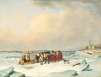 Cornelius Krieghoff's 1847 painting, The Ice Bridge at Longue-Pointe 'The Ice Bridge at Longue-Pointe', oil on canvas painting by Cornelius Krieghoff, 1847-1848, National Gallery of Canada.jpg