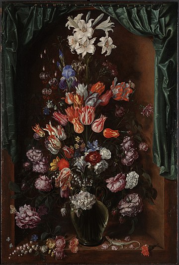 'Vase of Flowers with a Curtain', oil on panel painting by Jacques de Gheyn II, 1615