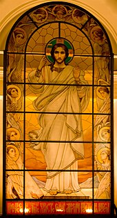 Stained glass window of Christ, Peter and Paul Cathedral, St. Petersburg, Russia. Vitrazh v Petropavlovskom sobore.jpg