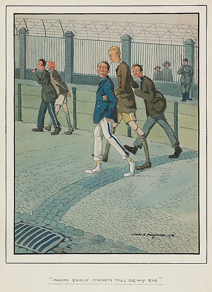 "From early morn to dewy eve": watercolour cartoon by Whale of prisoners in Holzminden prisoner-of-war camp, 1918
