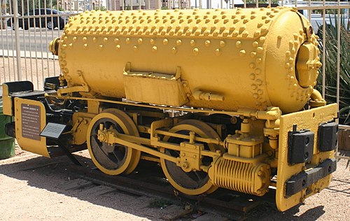 Pneumatic (compressed-air) fireless locomotives like this were often used to haul trains in mines, where steam engines posed a risk of explosion. This one is preserved H.K. Porter, Inc. No. 3290 of 1923.