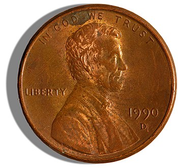 Obverse side of a 1990 issued US Penny. Pictur...