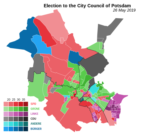 Winning party by district in the 2019 city council election.