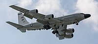 A US Air Force RC-135W Rivet Joint on final apparoach to Kadena Air Base in Okinawa, Japan.