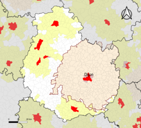Localisation de l'aire d'attraction de Dijon dans le département de la Côte-d'Or.